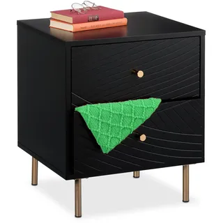 Relaxdays Nachttisch, 2 Schubladen, Nachtschrank Schlafzimmer, Beistelltisch, Nachtkasten, HBT 52x45x40 cm, schwarz/gold