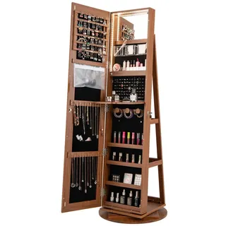 Costway Schmuckschrank Braun , Holz , 55x161x55 cm , Spiegel, Schminkspiegel