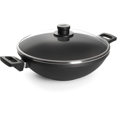 Bild von Nowo Titanium Wok und Rührpfanne mit Glasdeckel in Box, Ø 32 cm, 11 cm hoch, mit 2 Seitengriffen - Geeignet für Ceran, Gas, Elektro, Halogen - nicht induktionsgeeignet, backofenfest, schwarz