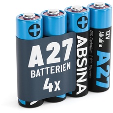 ABSINA 4X 27A 12V Batterie für Garagentoröffner und vieles mehr - Batterie 27A 12V Alkaline Mini auslaufsicher & mit Langer Haltbarkeit - Batterie MN27 12V, A27A Batterien, Batterie LR27A, A27 12V