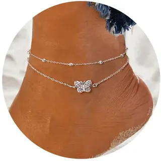 YADOCA Silber Fußkettchen für Damen Verstellbare Schmetterling Doppelte Fussketten Strand Fußschmuck Geschenke für Frauen Teenager Mädchen (Inklusive Geschenkbox)