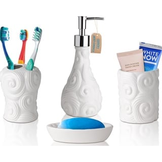 Designer 4-TLG. Bad-Accessoire-Set - Keramik-Bad-Set mit Flüssigseifen- oder Lotion-Spender, Zahnbürstenhalter, Becher und Seifenschale - Dekoratives Set mit geprägten Details - Meereswellen, Weiß