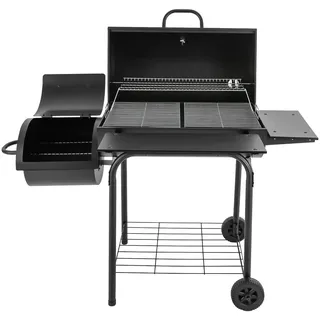 Holzkohlegrill/Smoker-Grill Holzkohle-Grillwagen mit 2 Rädern, Outdoors Liegender Standgrill mit Wärmeisoliermesht und Grillrost für Garten, Camping und Balkon, 147×70×126 cm
