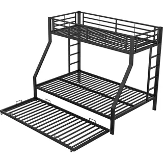 Etagenbett mit 2 Schlafgelegenheiten, Ausziehbett, Leiter und Rausfallschutz, 90x200cm/140x200cm, Kinderbett, Metallbett - Schwarz