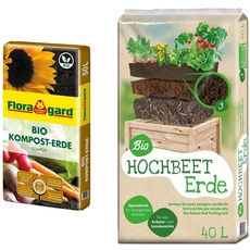 Floragard Bio Kompost-Erde 50 Liter – Pflanzerde für Blumen, Gemüse und Gehölze – mit Bio-Dünger - Gartenerde & Universal Bio Hochbeet-Erde 40 Liter
