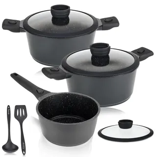 DIVORY Topfset - 8-tlg abnehmbare Griffe - Stielkasserolle 18cm, Kochtopf 20cm, Topf 24cm mit Deckel, Induktion Kochtöpfe, beschichtete Töpfe, Spülmaschinenfest & Backofenfest
