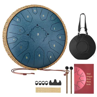 Vevor Zungentrommel, 33 cm 15-Noten-Regentrommel, C-Dur-Musiktrommeln mit Notenbuch & Schlägeln, Steel Tongue Drum für Meditation, Yoga, musikalische Ausbildung für Anfänger, Marineblau