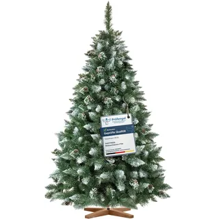 FairyTrees Weihnachtsbaum künstlich 180cm Kiefer mit Christbaum Holzständer | Tannenbaum künstlich mit Natur-Weiss beschneit |  EU - Grün