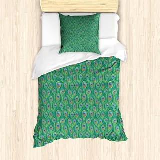 ABAKUHAUS Feder Bettbezug Set für Einzelbetten, Pfau Spirituelles Boho, Milbensicher Allergiker geeignet mit Kissenbezug, Jadegrün Karamell Blau - Blau
