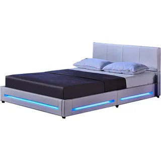 Home Deluxe - LED Bett Asteroid - Weiß, 140 x 200 cm - Inkl. Matratze und Lattenrost I Polsterbett Design Bett inkl. Beleuchtung - Weiß