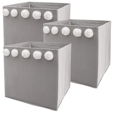 WELL HOME MOBILIARIO & DECORACIÓN 3er Set Aufbewahrungsboxen für Kinder mit Pompons, grau, 29 x 29 x 29 cm