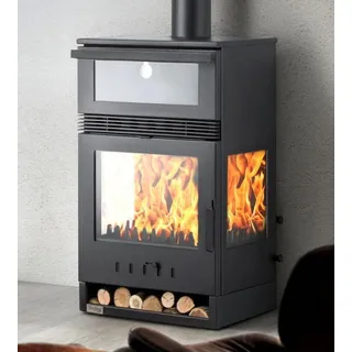 Kaminofen mit Backfach Panoramakamin Dreiseitig Glas 3 Scheiben Teba TKS 15 Verglast 3 Seiten Holzofen 12,8 kW Kamin Ofen Holz Holzherd Küchenofen - Schwarz