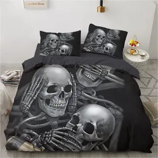Luowei Bettwäsche 3D Skull Bettbezug Set 135x200cm 4 Teilig Halloween-Thema Weiche Microfaser Bettbezug und 2 Kissenbezüge 80 x 80cm mit Reißverschluss