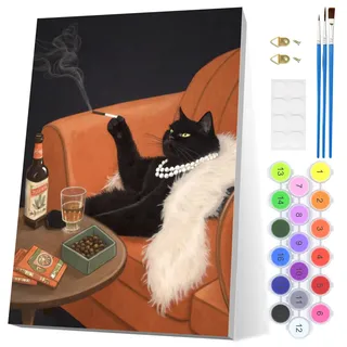 EOBROMD Elegante Katze Malen Nach Zahlen Erwachsene, Tiere DIY Handgemalt Ölgemälde Kit mit Rahmen, Paint by Numbers mit 3 Pinseln und Acrylfarbe Knitterfreie Leinwand Kit zur Heimdekoration 20x30cm
