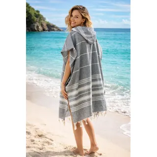 ELY PARKER Strandponcho Damen – 100% Baumwolle Strandtuch & Strandkleid – Pestemal Badeponcho mit Kapuze – Leicht & Schnelltrocknend für Sauna, Strand & Pool Grau