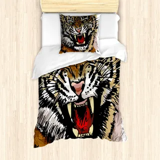 ABAKUHAUS Tiger Mantele, Verärgerte Augen Skizze-Kunst, Milbensicher Allergiker geeignet mit Kissenbezügen, 135 cm x 200 cm - 80 x 80 cm, Mehrfarbig