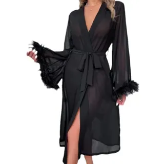 Blausky Sexy Morgenmantel für Damen,Lang Transparent Feder Kimono,Mesh Sommer Robe mit Gürtel,Eleganter Durchsichtiger Bademantel Nachtwäsche Lingerie Negligé für Valentinstag oder Alltag,M