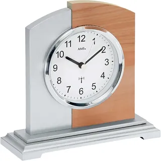 AMS 5146 Funk Tischuhr, Holzgehäuse mit Kernbuche und Aluminium-Applikation, analog mit arabischen Ziffern, weißes Zifferblatt, AA Batterien erforderlich, für Wohnzimmer & Büro, Maße: 17 x 16 x 6 cm