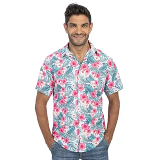 Chaks - Hawaii Hemd Herren, Hibiskus Shirt in kräftigem Pink, Kurzarm Sommerhemd für Party, Festival, Urlaub & Strandmode