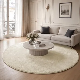 VOUNOT® Teppich Wohnzimmer rund Ø 200 cm, mit rutschfeste Rückseite & Antirutschmatte, Kuscheliger Kurzflor Flauschig Teppiche Gegend für Schlafzimmer Kinderzimmer Esszimmer, Beige