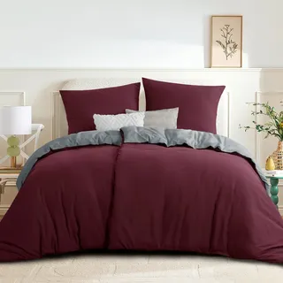 RUIKASI Bettwäsche 135x200 Burgunder Rot Grau 4teilig - Wendebettwäsche Bettbezug 135 x 200 mit Reißverschluss, Oeko-TEX Mikrofaser Bettwäsche Sets, Weich und Bügelfrei