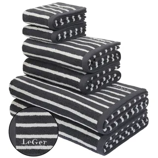 Handtuch Set "Tamsin, Duschtücher, Handtücher, Gästetücher, Premium 500 gr/m2", schwarz-weiß (dunkelgrau, weiß), 6 Stk., Frottier, Frottier, Obermaterial: 100% Baumwolle, LEGER HOME BY LENA GERCKE, Handtuch-Sets, Handtuch Set, mit Logostikerei, 100% Baumwolle, gestreift, weich, 5 Jahre Garantie