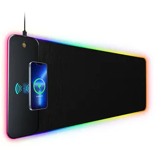 Donboly RGB Gaming Mauspad XXL mit 15W Qi Wireless Charging – 800x300mm, wasserdicht, rutschfest, mehrfarbige LED-Beleuchtung für Gaming und Homeoffice (Schwarz)