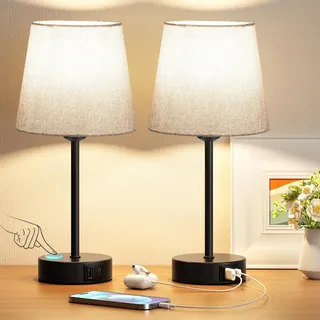 PreeOtti Nachttischlampe Touch Dimmbar 2er Set, Tischlampe mit Ladefunktion USB A+C-Anschlüssen 2 LED Birnen, Graue-Lampenschirm, Kleine Lampe für Schlafzimmer Wohnzimmer Babyzimmer Büro