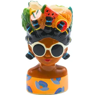 Dekohelden24 Blumenvase, Dekovase, Pflanzenvase, Tischvase, Gesichtsvase, Blumentopf Frau mit Sonnenbrille und Obst, dekorativer Pflanztopf aus Keramik, in bunt, Größe: L/B/H 10 x 10 x 20 cm.