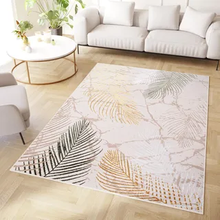 TAPISO Crystal Teppich Kurzflor Gold Braun Glänzend Blätter 180 x 250 cm | Floral Wohnzimmer Diamant Palmen 3D Effekt Modern Design Schlafzimmer OEKO-TEX