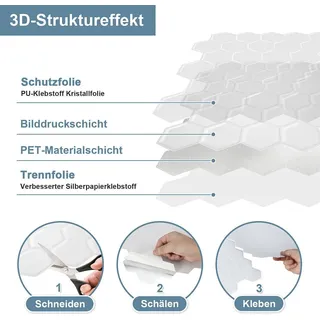 Izrielar Fliesenaufkleber 30x30cm Fliesen-Folie 10 Stück Deko selbstklebende Klebefliesen Weiß für Küche Bad Wohnzimmer Zimmer - Weiß