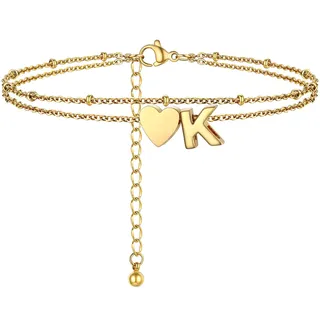 PROSTEEL Herz Fußkettchen für damen, Buchstabe K Fußkette 22cm, Gold Dopple Fußkettchen Mädchen