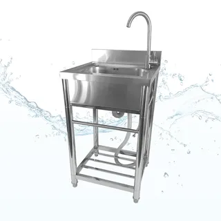 Lemodo Spültisch freistehend, Wasserhahn mit Kalt Warm Anschluss, Spülbecken Größe M : M