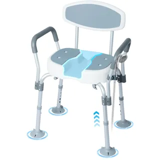 Bostar Duschstuhl Duschsitz mit Abnehmbarer Armlehne, Duschhocker Badhocker 5 Stufen 44,5-55cm Höhenverstellbar 136KG Belastbar mit Anti-Rutsch Füße/U-förmiges Design/Brausehalterung für Senioren