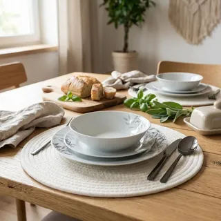 Prima Deco Natura Premium Porzellan‐Tafelservice 36‐teilig für 12 Personen – Teller‐Set rund (Speise-/Suppen-/Dessertteller), spülmaschinen‐ & mikrowe - Weiß, Schwarz
