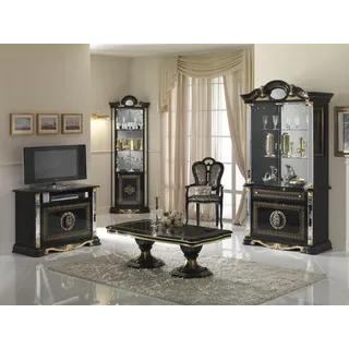 Wohnzimmer Set Vitrine Kommode Spiegel Esstisch Design Schrank Möbel Gruppe 5tlg - Schwarz