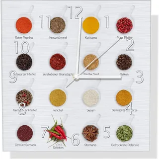 Wallario Design Wanduhr Welt der Gewürze - Übersicht über verschiedenen Gewürze aus Aluverbund, Größe 30 x 30 cm - Weiß