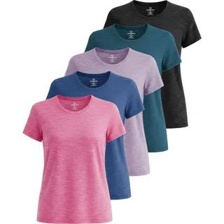Real Essentials 5er-Pack: Kurzärmeliges Damen-T-Shirt, Workout-Top, Fitness, Pilates, Fitnessstudio, Sportbekleidung (Plus erhältlich), Set 2, Mittel