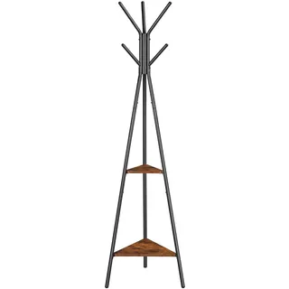 VASAGLE Garderobenständer in Baumform, Kleiderständer, freistehende Garderobe, Industrie-Design, mit 2 Ablagen, für Kleidung, Hüte, Taschen, vintagebraun-schwarz RCR16BXV1
