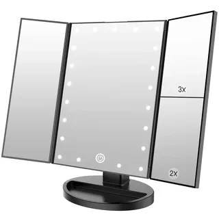 WEILY Schminkspiegel mit Beleuchtung, Faltbare Kosmetikspiegel mit 1X/2X/3X Vergrößerung, Schminkspiegel mit Touch Beleuchtung, Tischspiegel Unterstützung USB und Batterie (Schwarz)