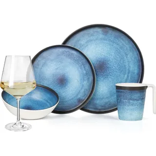 Melamin Camping Geschirr Set 4 Personen Deep Ocean + 4 Milano Weiß Weingläser Tafelgeschirr Picknick BBQ Kochgeschirr