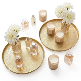 Deko Tablett Gold Rund 34 cm Elegante Vintage Dekoschale Metal für Kerzen Parfüm Modernes Serviertablett Gold für Tischdeko Wohnzimmer Adventskranz Teller Dessert Kosmetik Schmuck Kerzen Tee-Set Vasen