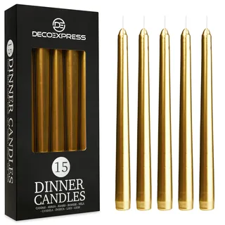 DECO EXPRESS Stabkerzen Set 6er, 10, 15 oder 50er, Lange Brenndauer bis zu 8 Std, Geruchslos(Gold, 15-er Set)