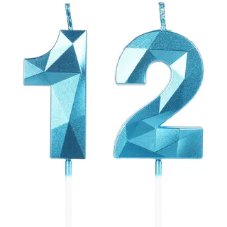 Geburtstagskerzen Zahl 12 Blau - 3D Blaue Kerzen zum 12 Geburtstagsdeko (Nummer 12 Kerze, Tortenkerzen) Geburtstagsparty, Feier