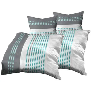 Gerald Wittmann 4teilig Bettwäsche-Set 2X 140x200 cm + 2X 70x90 cm, Baumwolle Seersucker, Gepunktet Streifen Grau Türkis Weiß