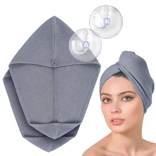 FABCARE Haarturban Schnelltrocknend - DERMATEST: SEHR GUT - Extra Saugfähiges Haarhandtuch mit Knopf - Turban Handtuch aus Mikrofaser für Lange Haare [2 Stück, grau]