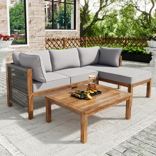 Garten Lounge Set (3-teilig): Akazienholz, graue Seilarmlehnen, 2 Zweisitzer, 1 Tisch, 160kg Belastung - Grau