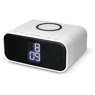 KSIX WUAD kabelloser Wecker, kabelloses Ladegerät, Bluetooth-Lautsprecher, FM-Radio, 10 W, kabellos, Qi Charger, digitaler Wecker, Doppelalarm, Weiß glänzend