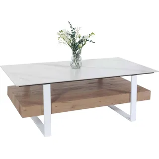 Couchtisch HWC-L88, Wohnzimmertisch Tisch, Ablage Eisen 43x120x60cm Sinterstein Marmor-Optik weiß Holz natur - Weiß