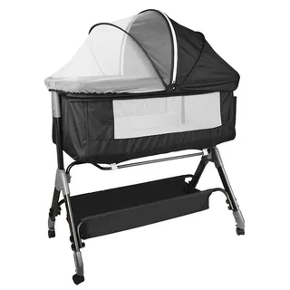 Babybett - Beistellbett - Bis 9 kg - 4-fach Höhenverstellbar - Neigungsfunktion - 4 Rollen mit Bremsen - Metallrahmen - Schwarz - Schwarz